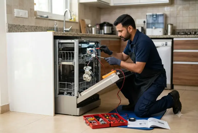 Technician repairing a dishwasher in a kitchen