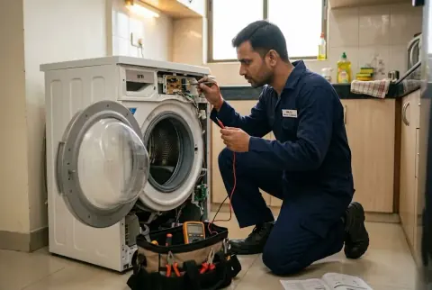 Technician repairing a washing machine